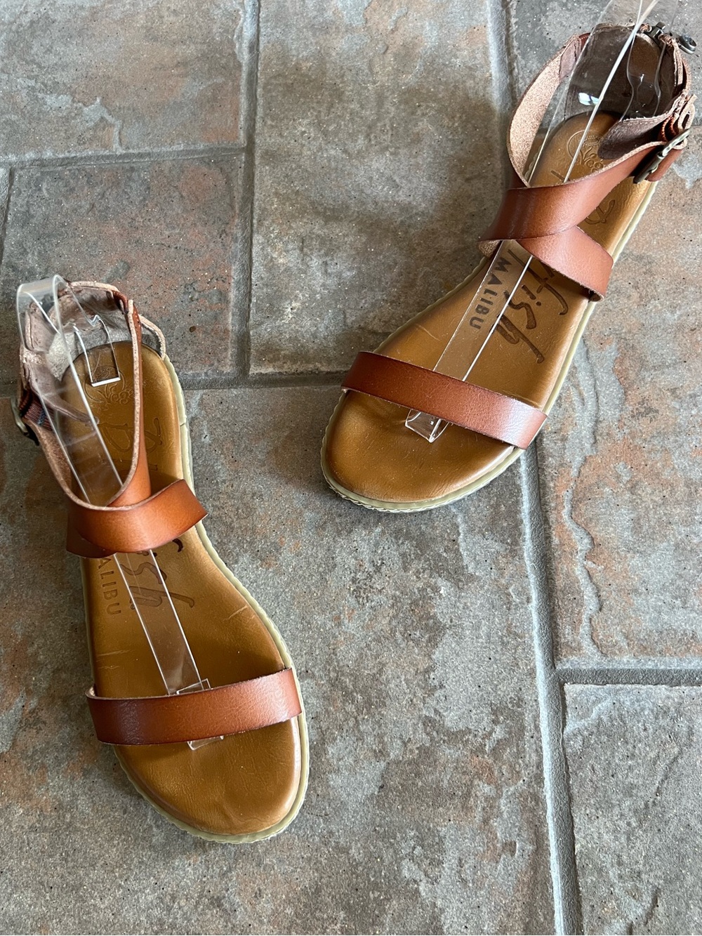 BLOWFISH MALIBU Women's Strappy Crossover Zip Back Sandals in Cognac Brown